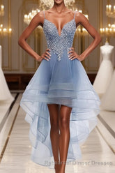 Blue Sweetheart Tulle Lace High Low Semi Formal Prom Dress, Blue Homecoming Dress